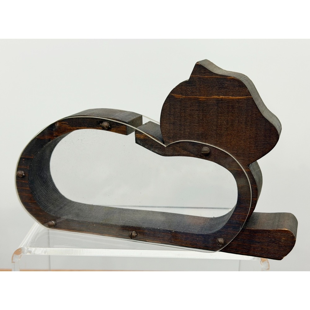 Cat Vintage Wood & Plexiglass Bank Handmade Wooden Sculpture 9" Wide